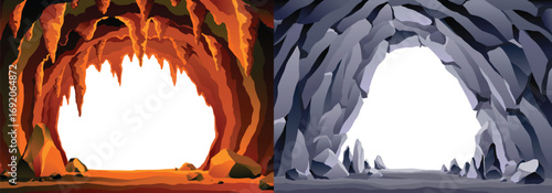Cave landscape. Stone cave entrance with empty white space inside. Prehistoric dungeon entrance, rock cavern game illustration. Vector image of tunnel in mountain or mine in rocks