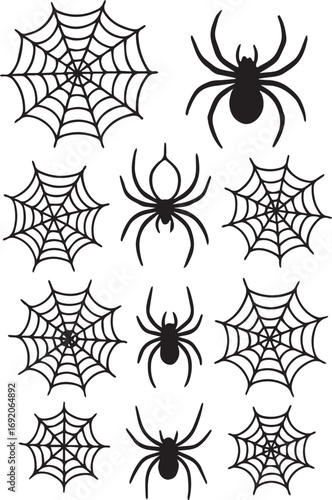 Collection of black and white spider and web doodles. Hand-drawn line art perfect for coloring pages, Halloween designs, invitations, posters, stickers, cards, and spooky decorations.