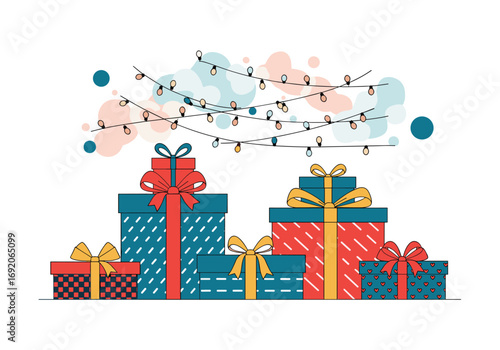 Festive holiday gifts wrapped with ribbons and twinkling lights displayed together