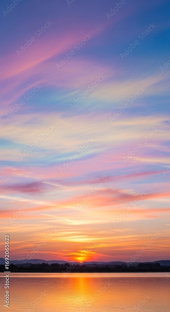 Naklejka premium Vibrant Sunset Over Calm Water with Colorful Sky.