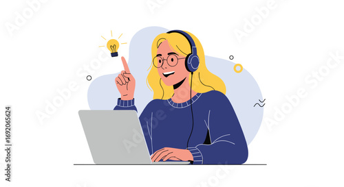 Creative woman with headphones working on laptop inspires new ideas and solutions for business growth