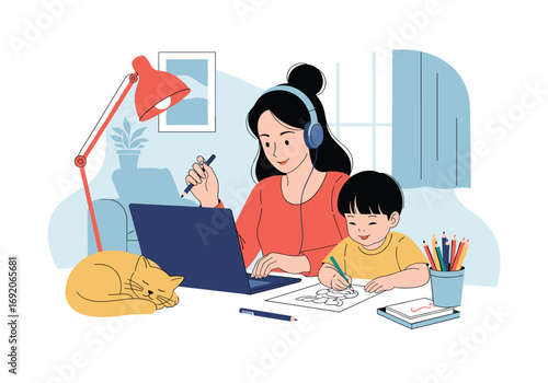 Mother working from home while supervising childs homework and cat rests nearby