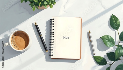 Minimalist flat lay of 2026 diary, pen, and coffee cup on clean desk