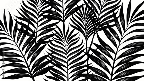 Line art botanical illustration of tropical palm leaves arranged in a repeating pattern, monochrome black on white, elegant minimal design for wallpapers and packaging
