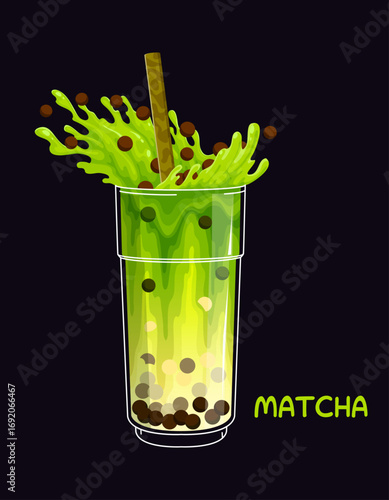 Milk bubble tea drink with cartoon splash of bright boba pearls, vector tapioca beverage cup glass. Matcha flavor milk bubble tea or juice smoothie sweet dessert cup with drinking straw for bar menu