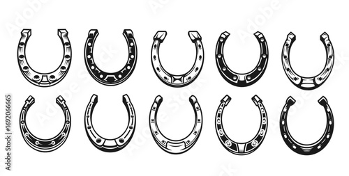 Vintage lucky iron horseshoes, western horse shoe icons. Isolated vector set of black and white horseshoe silhouettes for tattoo art, St Patrick luck symbol. Blacksmith or cowboy gear, lucky charms