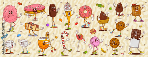 Funny groovy hippie desserts, sweets and candies characters, vector food. Cartoon retro groovy cake, chocolate, ice cream and donut. Psychedelic lollipop, sugar, cookie and waffle, honey and macaron