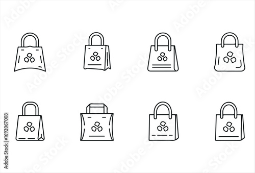 A modern reusable bag icon set featuring various eco-friendly shopping and carry bag designs. Each icon is simple, clear, and easy to recognize, perfect for apps, websites, packaging, or sustainabilit