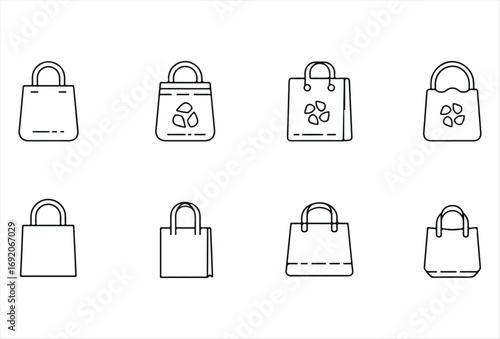 A modern reusable bag icon set featuring various eco-friendly shopping and carry bag designs. Each icon is simple, clear, and easy to recognize, perfect for apps, websites, packaging, or sustainabilit