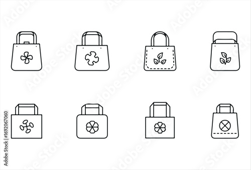 A modern reusable bag icon set featuring various eco-friendly shopping and carry bag designs. Each icon is simple, clear, and easy to recognize, perfect for apps, websites, packaging, or sustainabilit
