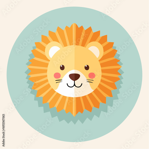 Adorable cartoon lion face with a pleated mane. A cute stylized animal icon on a circular background