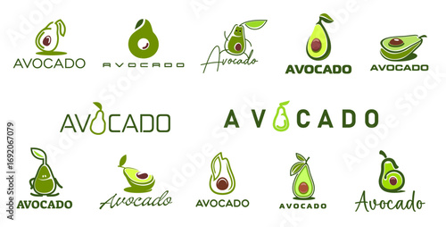 Farm avocado, juice and oil icons with fresh green fruit halves, leaves and seeds. Vector vegetable food products, healthy avocado oil, juice and vegetarian meal ingredient isolated symbols