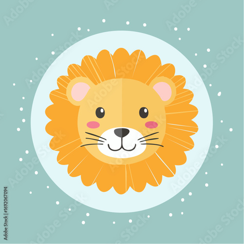 Adorable cartoon lion cub face with a fluffy orange mane. A friendly and cute animal character design for kids nursery art