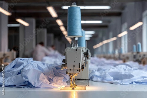 Industrial sewing machines operating on light blue fabric.