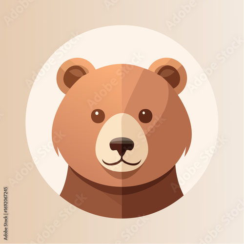 Friendly brown bear head icon in a flat vector design. Cute cartoon grizzly mascot portrait in a circle for a modern logo or avatar illustration
