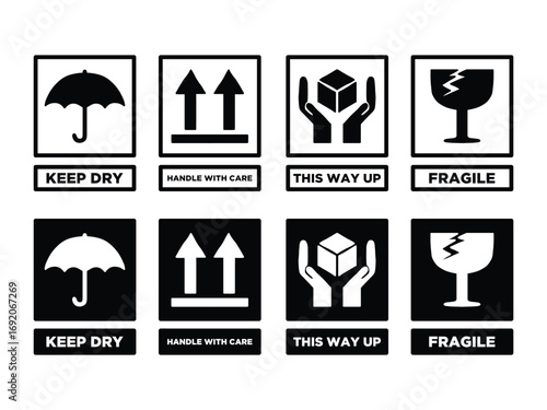 Shipping Label Icons Vector. Fragile, Keep Dry, Handle with Care. Package Handling Symbols. This Way Up, Fragile, Keep Dry Vector Set