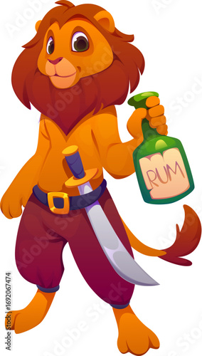Cartoon funny African lion pirate animal character holding rum bottle. Isolated vector playful corsair personage with trusting sword on belt, ready for swashbuckling adventures on the high seas