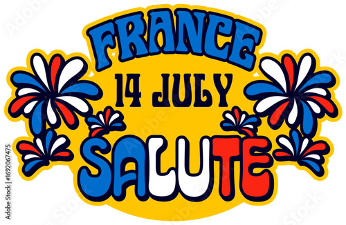 France Bastile Day vintage Y2K sticker or tag. France travel souvenir 60s 70s vector patch, French flag colors tag. Europe country tourism label with 14 July national day holiday fireworks salutes