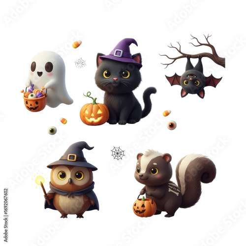 Wallpaper Mural Cute Halloween characters set with ghost, witch cat, bat, owl, and skunk on black background. Torontodigital.ca