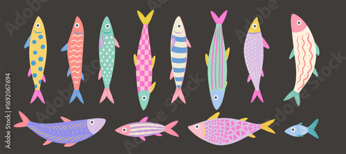 Colorful sardines collection. Hand drawn cartoon fish with geometric patterns, stripes, dots, and playful textures on dark background. Cute marine vector illustration for seafood design, textile 