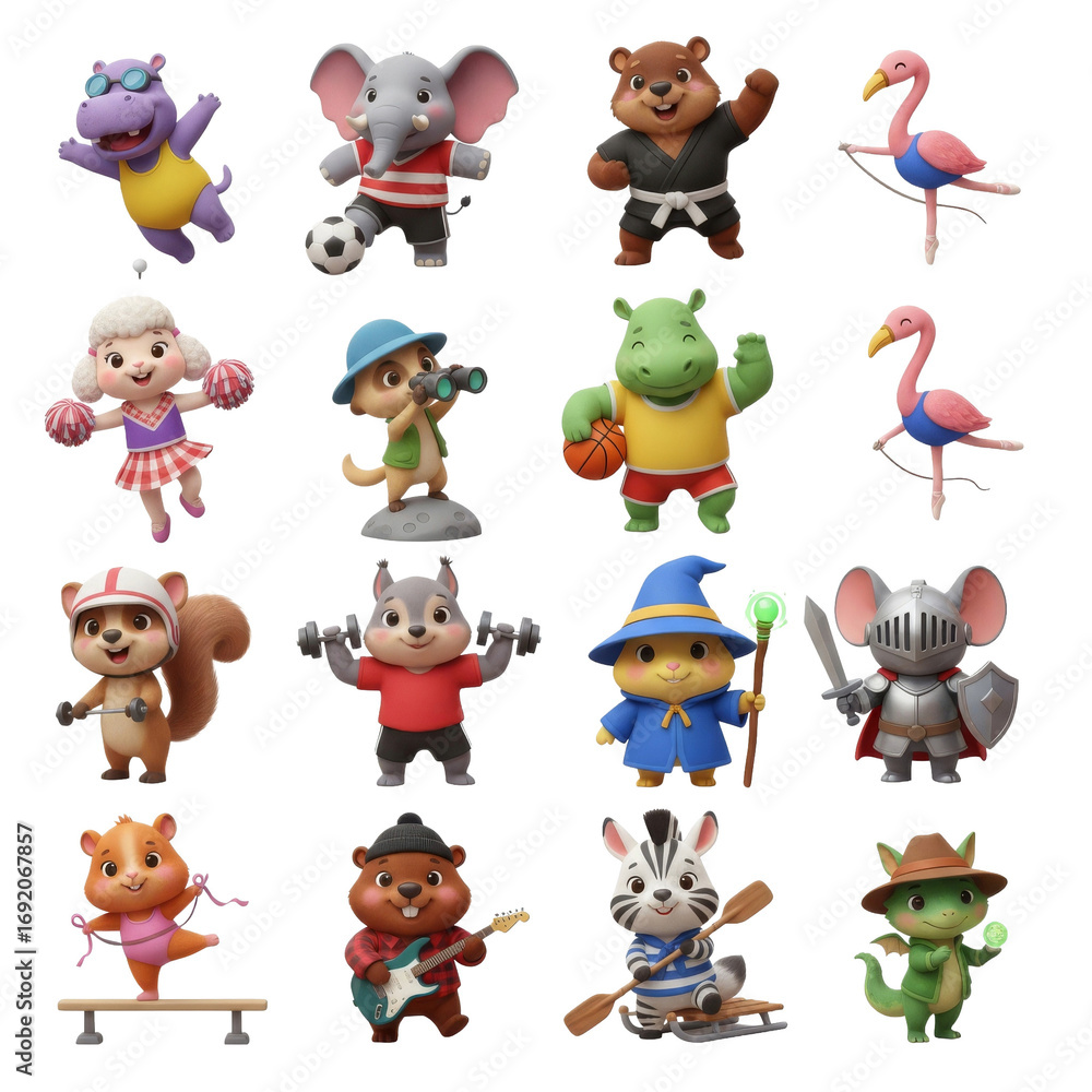 Obraz premium Collection of diverse 3D rendered cartoon animal characters engaged in various activities, sports, and fantasy roles.