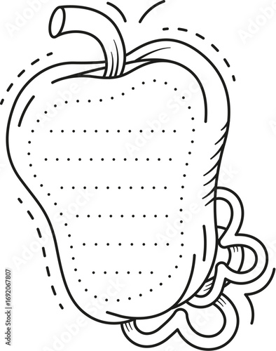 Kids memo note frame sticker with ripe bell pepper vegetable. Vector black and white dotted outline healthy paprika with internal dashed writing lines. Educational worksheet for handwriting practice