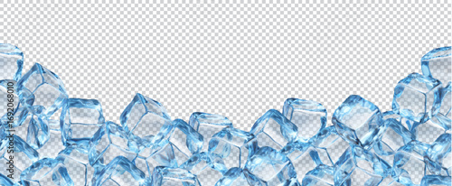 Ice crystal cube blocks frame background. Realistic isolated 3d vector template of horizontal bottom border with blue transparent frozen icy pieces for beverage ads and refreshing product presentation
