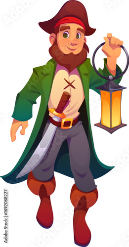Cartoon medieval pirate and corsair character holds glowing lantern with friendly expression. Vector captain, sailor, skipper or boatswain dressed in classic pirate attire with a hat, sword and boots
