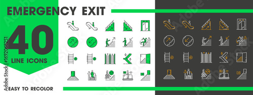 Stairs, escalator and elevator emergency exit line icons vector set showing evacuation directions, ladders and accessible options symbols for signage, ui or ux, safety guides, architectural blueprints