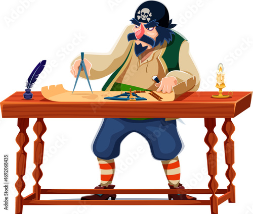 Cartoon pirate navigator corsair ship crew character with a skull bandana plans a nautical treasure voyage, charts a course using a compass and map on a wooden table surrounded by navigation tools