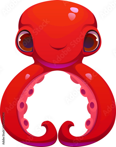 Math number eight as cute octopus, kids animal alphabet character. Cartoon funny zoo mascot digit 8. Children font, mathematics symbol typeface, numeral for educational bursary games or early learning