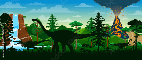Dinosaurs silhouettes on prehistoric volcano landscape, lush greenery and cascading waterfall representing ancient Earth nature and primal survival scene with Jurassic era wildlife and dino animals