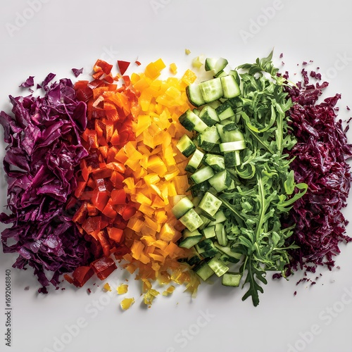 Vibrant rainbow of freshly chopped vegetables laid out artfully in rows for healthy eating
