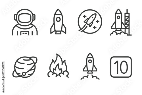 Space exploration icons: astronaut, rockets, planet, fire, countdown