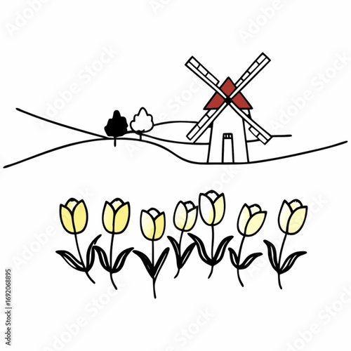 Minimilist illustration of a windmill on a hill with trees and a row of yellow tulips in the foreground view vector