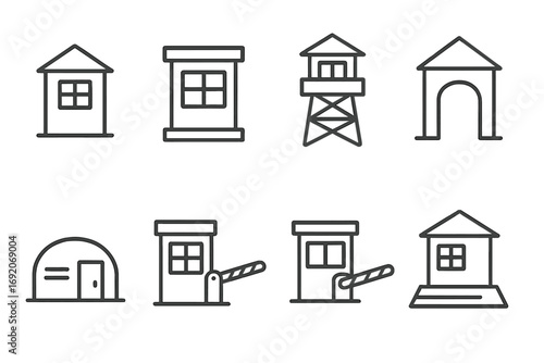 Minimalist building icons: house, tower, guardhouse, archway, bunker, booth, parapet