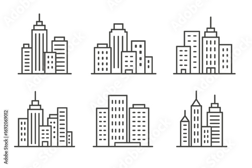 Vector line art of modern skyscrapers and urban buildings