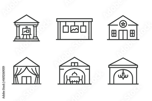 Collection of museum and gallery line icons representing art exhibition spaces