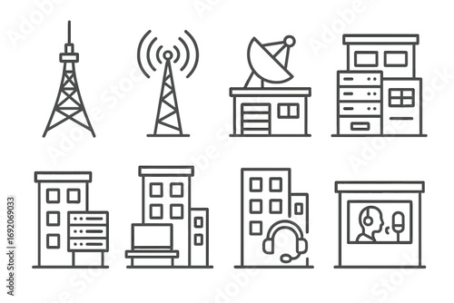 Telecommunication icons: towers, satellite, server, call center, broadcasting