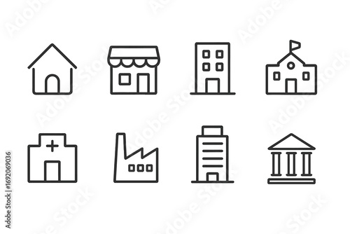 Collection of building icons: home, store, school, hospital, factory, office, government