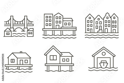 Line art collection of flooded structures: bridge, houses, buildings