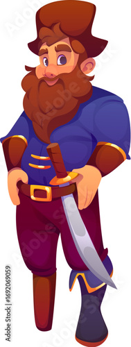 Cartoon medieval pirate and corsair character with confident smile, sword and wearing tricorn hat. Isolated vector bearded one legged Caribbean rover captain personage embodies a sense of adventure