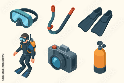 Scuba gear set with diver and camera featuring snorkel and flippers