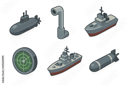 Isometric naval icons featuring submarine, warship, periscope, radar, and missile