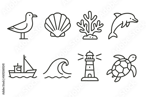 Set of eight minimalist sea-themed line icons: bird, shell, coral, dolphin, boat, wave, lighthouse, turtle