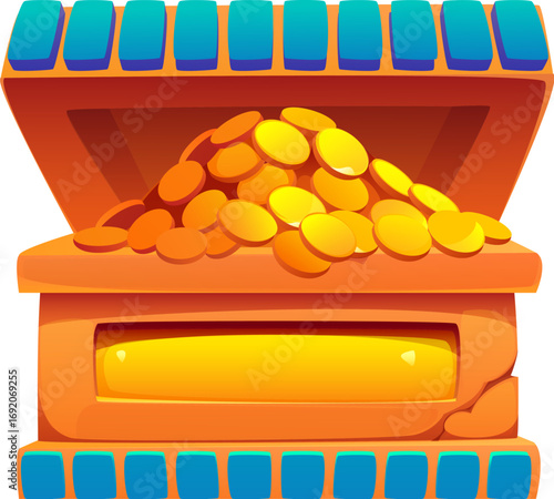 Cartoon treasure chest overflowing with shiny gold coins, ancient Egypt game icon, vintage Egyptian symbol, treasure, adventures game asset. Isolated vector fantasy quest bonus, wealth and reward