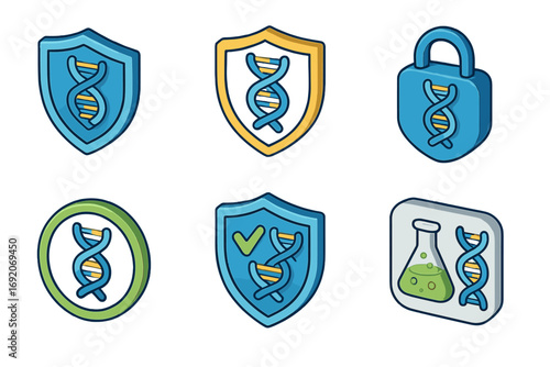 Dna security symbols: genetic shield icons with lab flask and lock elements