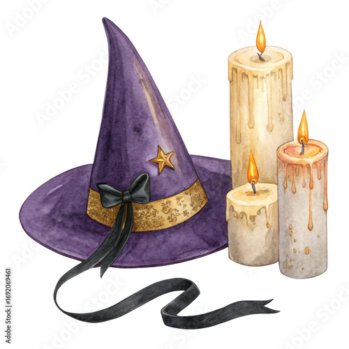Watercolor witch hat and candles isolated on transparent background