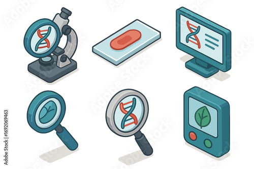 Isometric biology icons set featuring microscope, dna, and plant symbols