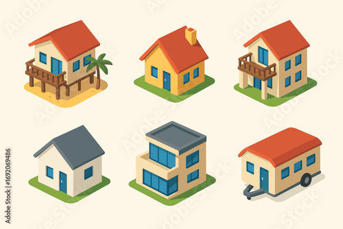 Various isometric house styles: beach, suburban, modern, trailer